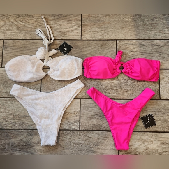 Zaful Other - ZAFUL BIKINI SET PINK WHITE RIBBED  HIGH-CUT HIGH-WAIST BOTTOM SZ M BUNDLE